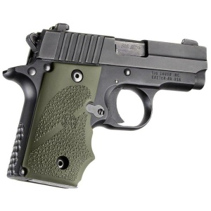 Black handgun with textured grip on white background.