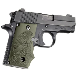 Black handgun with textured grip on white background.