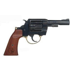 Black revolver with wooden grip on white background