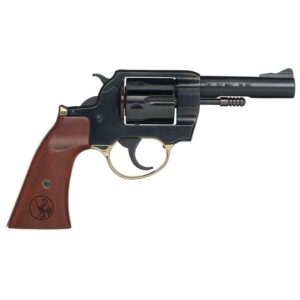 Black revolver with wooden grip on white background
