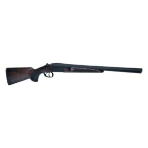 Double-barrel shotgun with wooden stock on white background