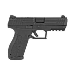 Black semi-automatic handgun on white background