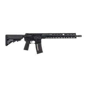 Black tactical rifle with adjustable stock.