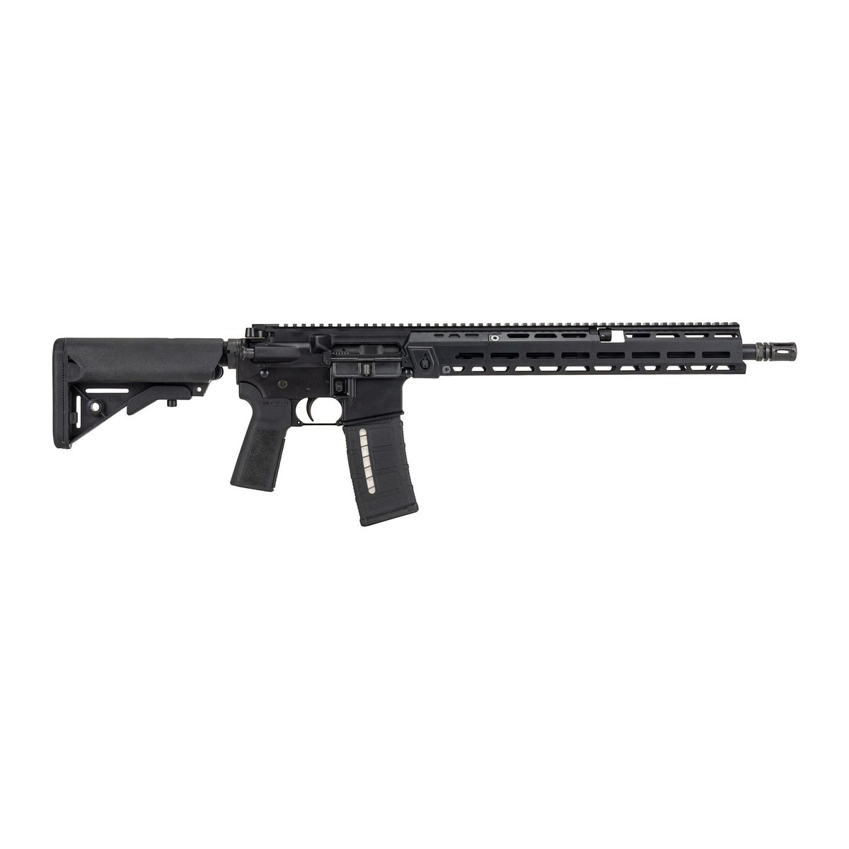 Black tactical rifle with adjustable stock.