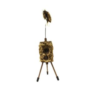 Fur-covered camera on tripod with feather