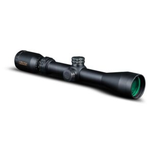 Black rifle scope with green objective lens