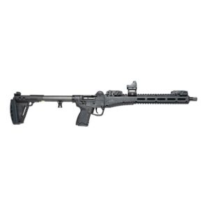Black tactical rifle with adjustable stock and optic