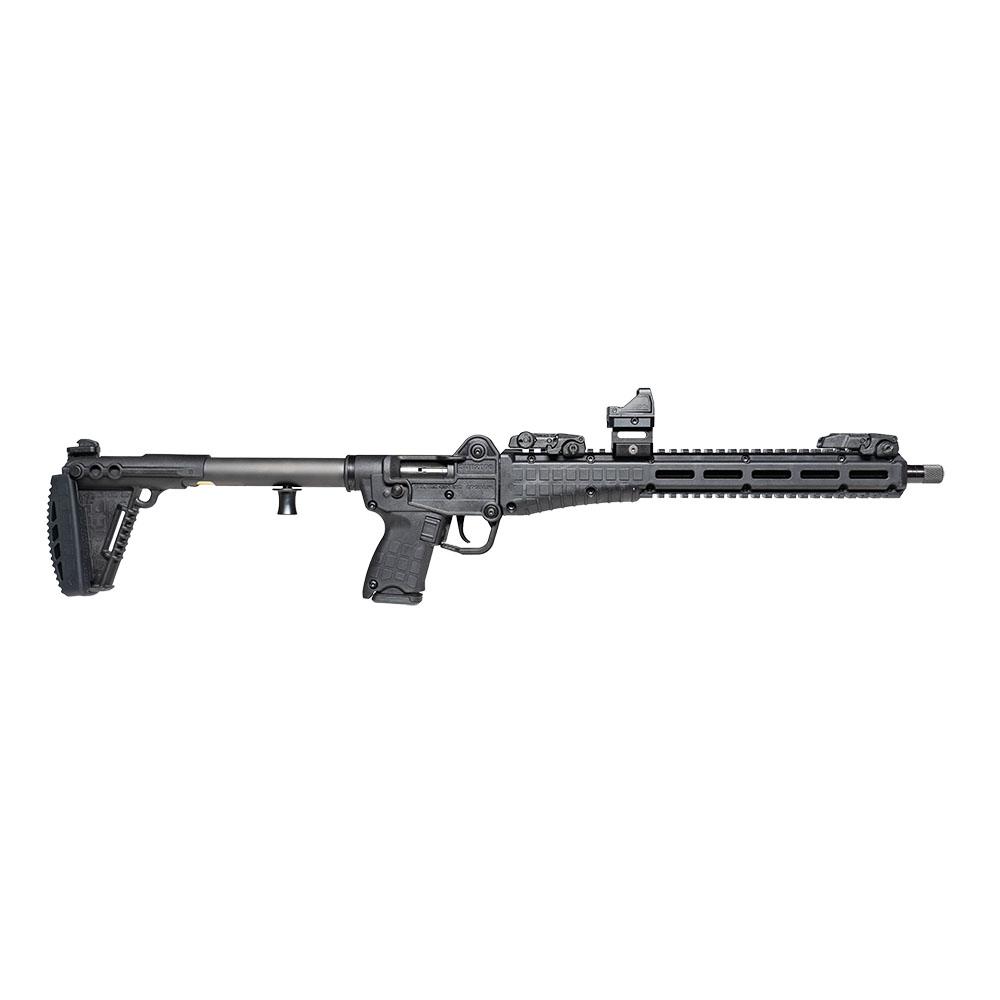 Black tactical rifle with adjustable stock and optic