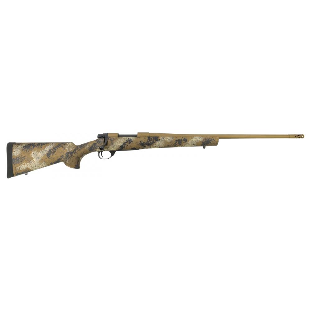 Camouflage bolt-action rifle on white background