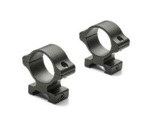 Two black scope mounting rings for rifles.