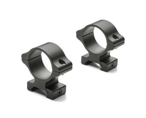 Two black scope mounting rings for rifles.