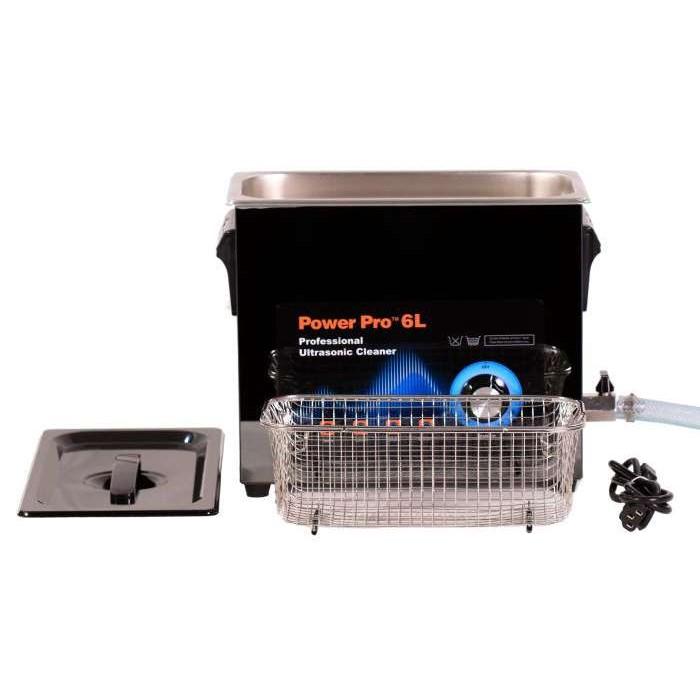 Professional ultrasonic cleaner with basket and lid.