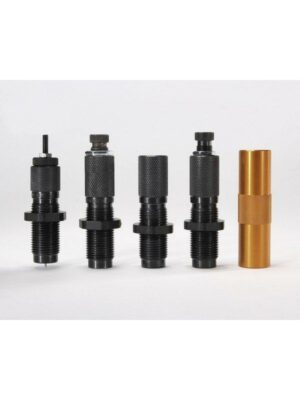 Five metal reloading dies on white background