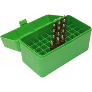 Green plastic ammo box with rifle cartridges