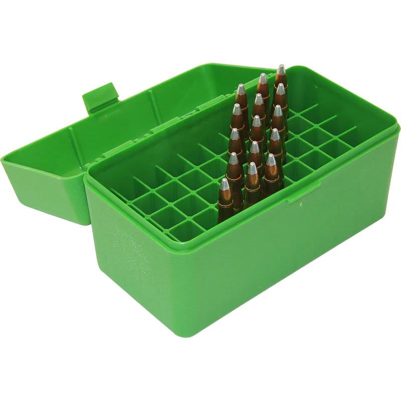 Green plastic ammo box with rifle cartridges