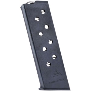 Black metal firearm magazine, eight-round capacity.