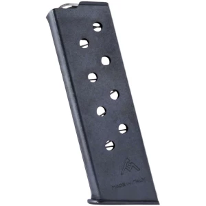 Black metal firearm magazine, eight-round capacity.