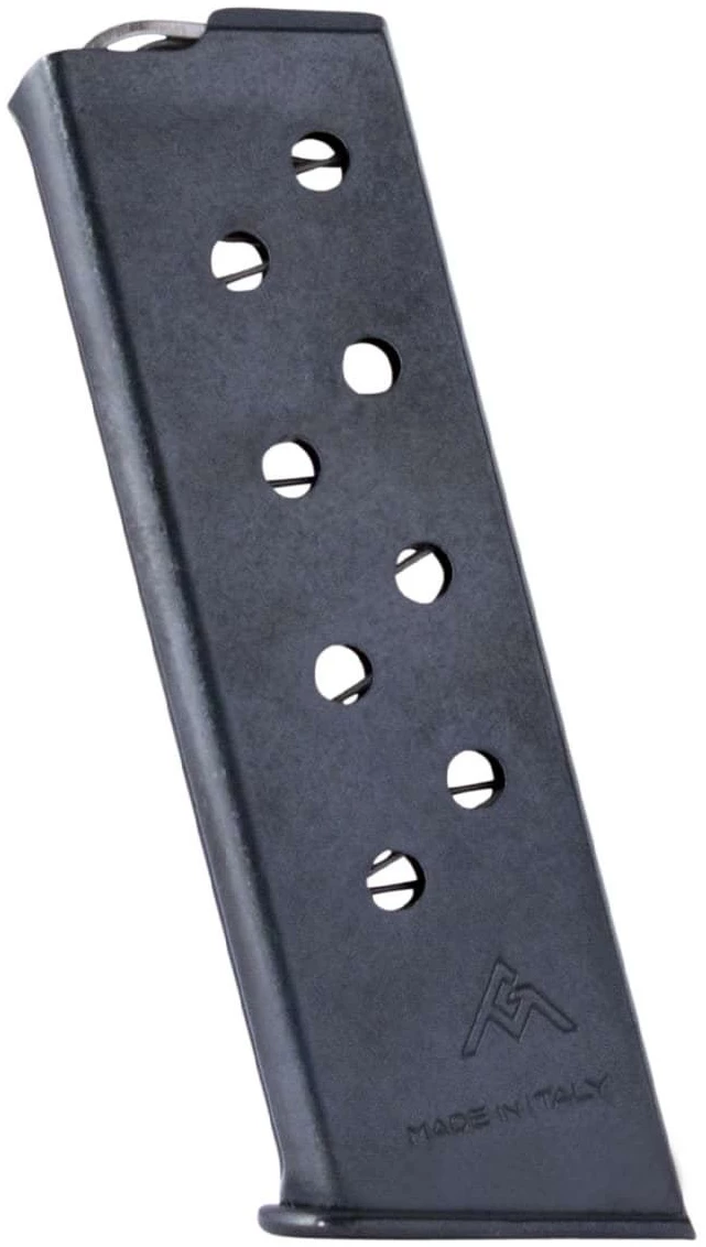Black metal firearm magazine, eight-round capacity.
