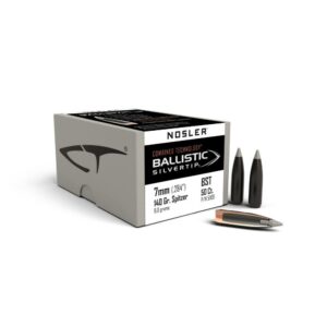 Nosler Ballistic Silvertip 7mm ammunition box and bullets