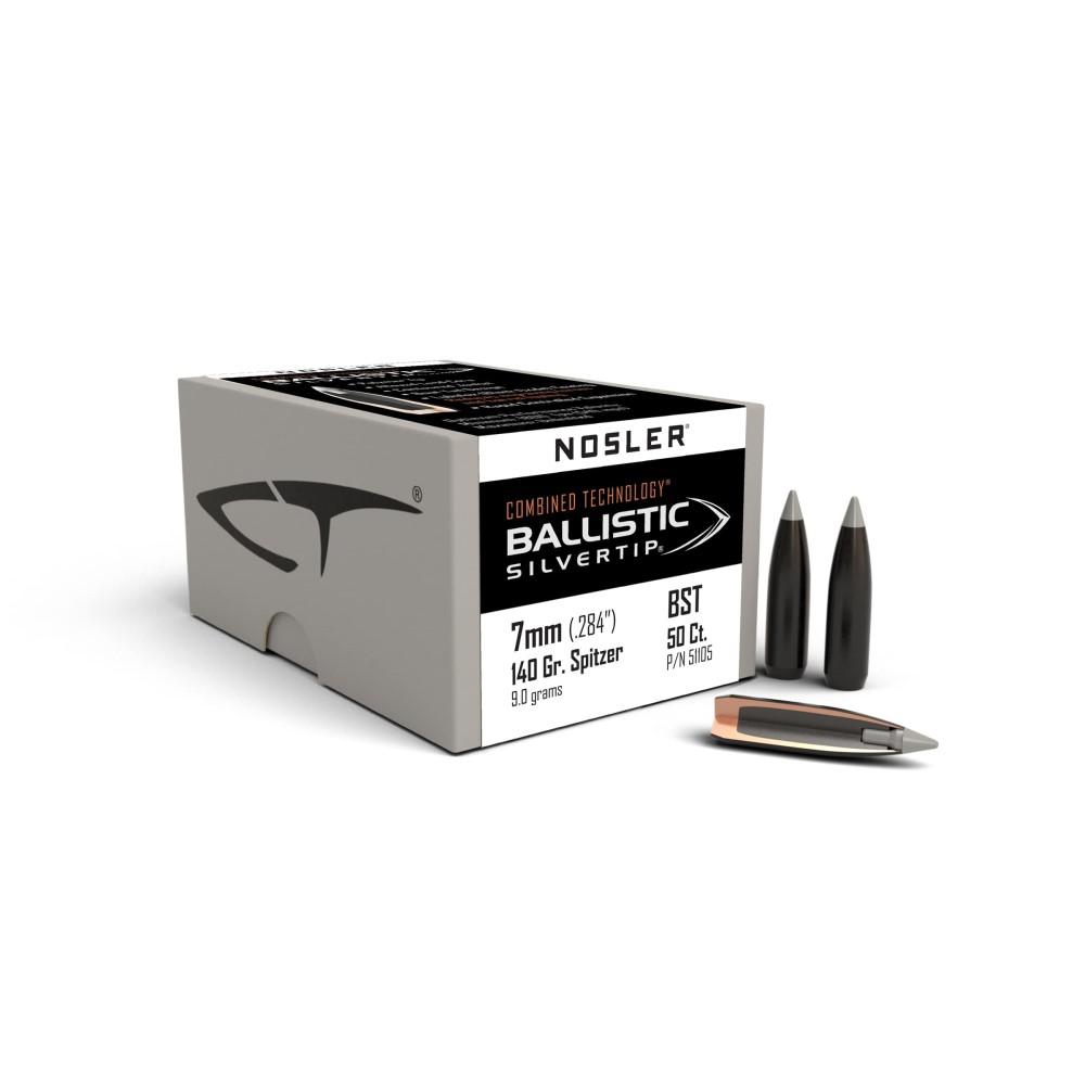 Nosler Ballistic Silvertip 7mm ammunition box and bullets