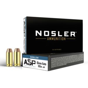 Nosler ammunition box with two bullets displayed.