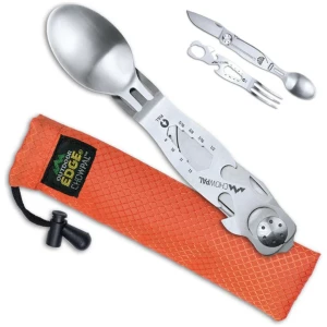 Multi-tool camping utensil with orange pouch.