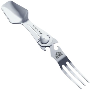 Multi-tool spork with bottle opener feature.