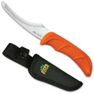 Curved orange knife with black sheath, Outdoor Edge logo.