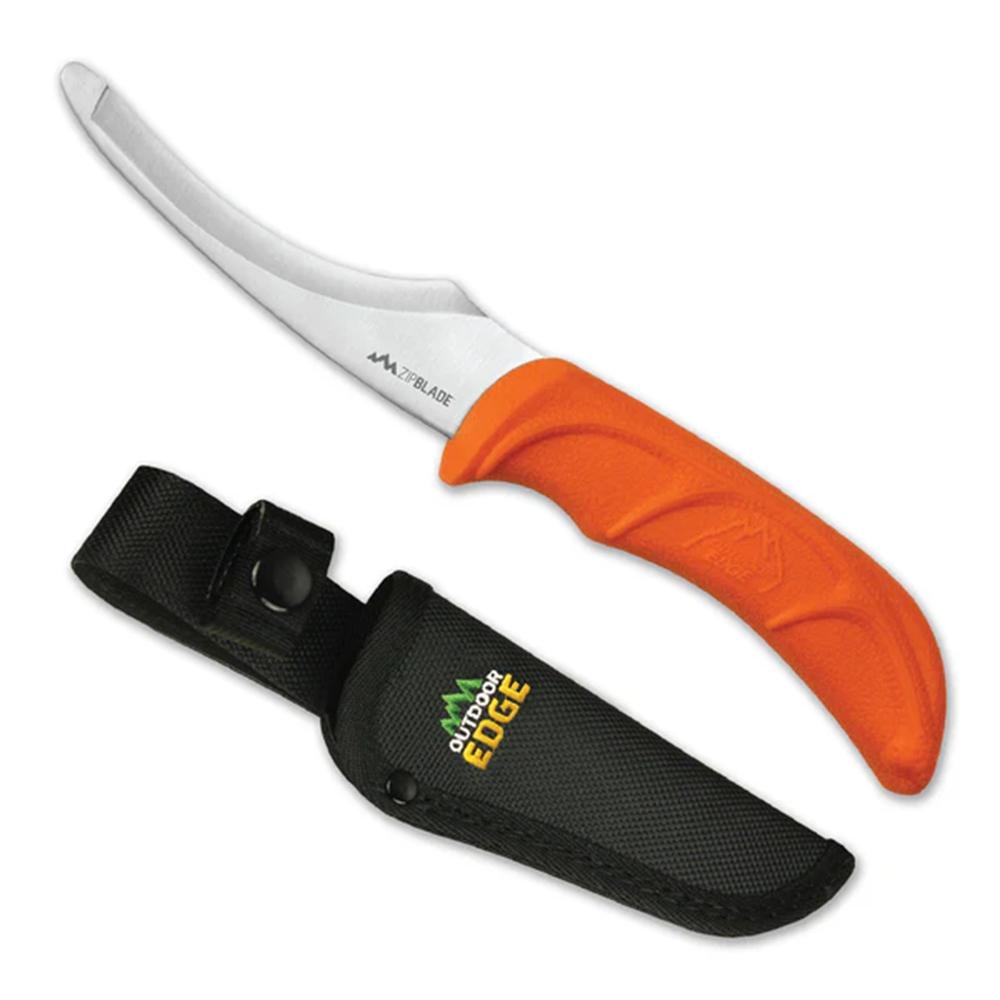 Curved orange knife with black sheath, Outdoor Edge logo.