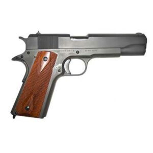 Semi-automatic handgun with wooden grip on white background