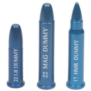 Three blue dummy bullet rounds of various calibers.