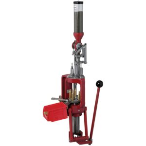 Red ammunition reloading press with powder measure