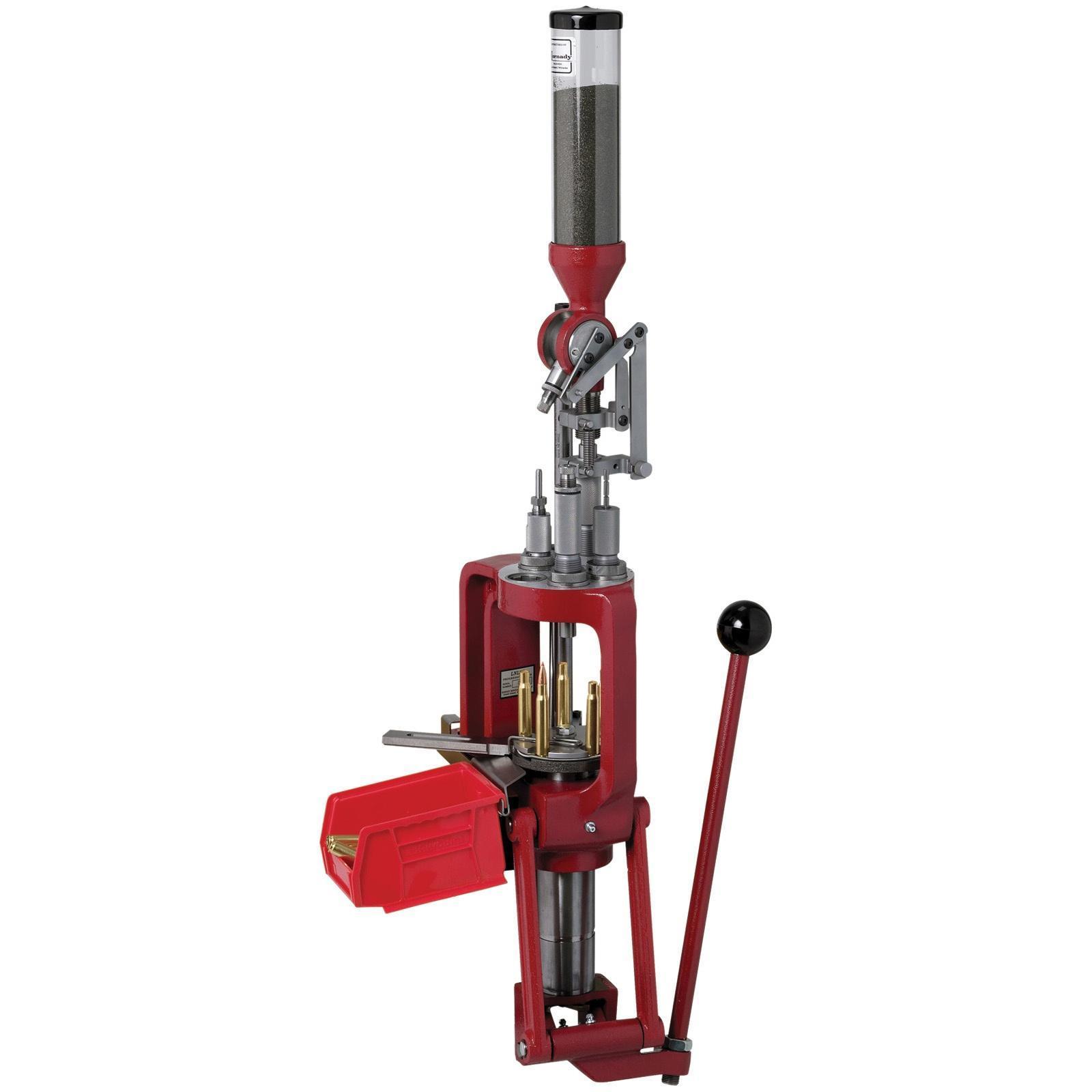 Red ammunition reloading press with powder measure