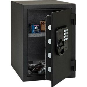 Open black safe with keypad and firearms inside