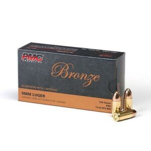 PMC Bronze 9mm Luger ammunition box with bullets.