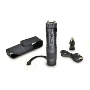 Tactical stun flashlight with accessories and pouch.