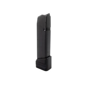 Black Glock pistol magazine on white background.