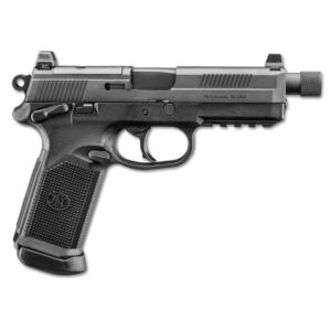 Black handgun with threaded barrel