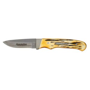 Pocket knife with wooden handle and steel blade.