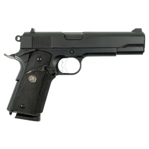 Black semi-automatic pistol on white background