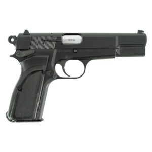 Black semi-automatic handgun on white background