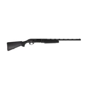 Black semi-automatic shotgun on white background