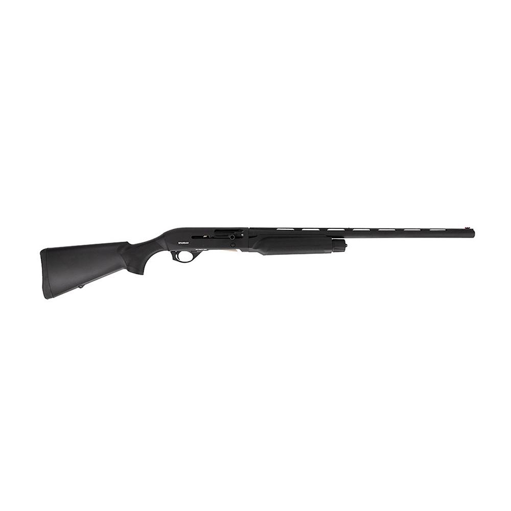 Black semi-automatic shotgun on white background