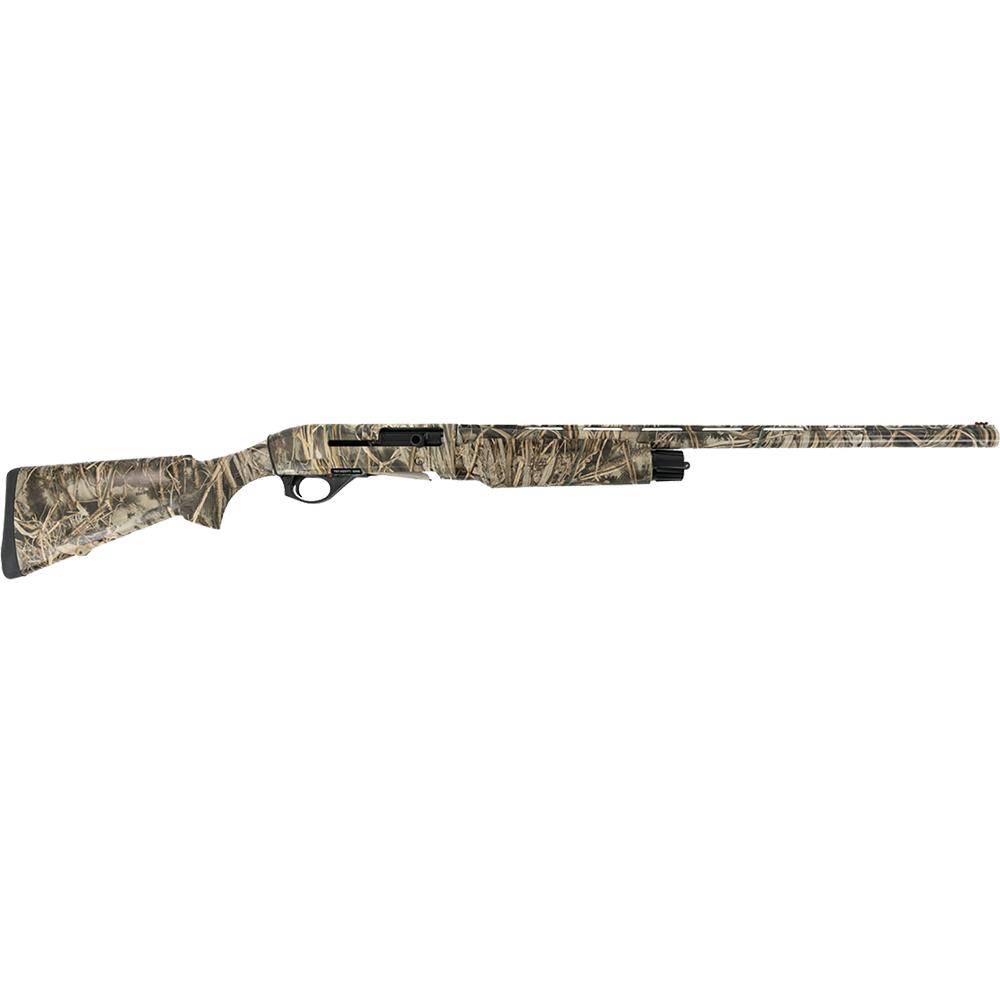 Camouflage-pattern shotgun on white background
