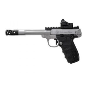 Silver semi-automatic pistol with mounted red dot sight