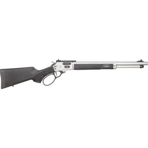 Lever-action rifle with black stock and stainless barrel