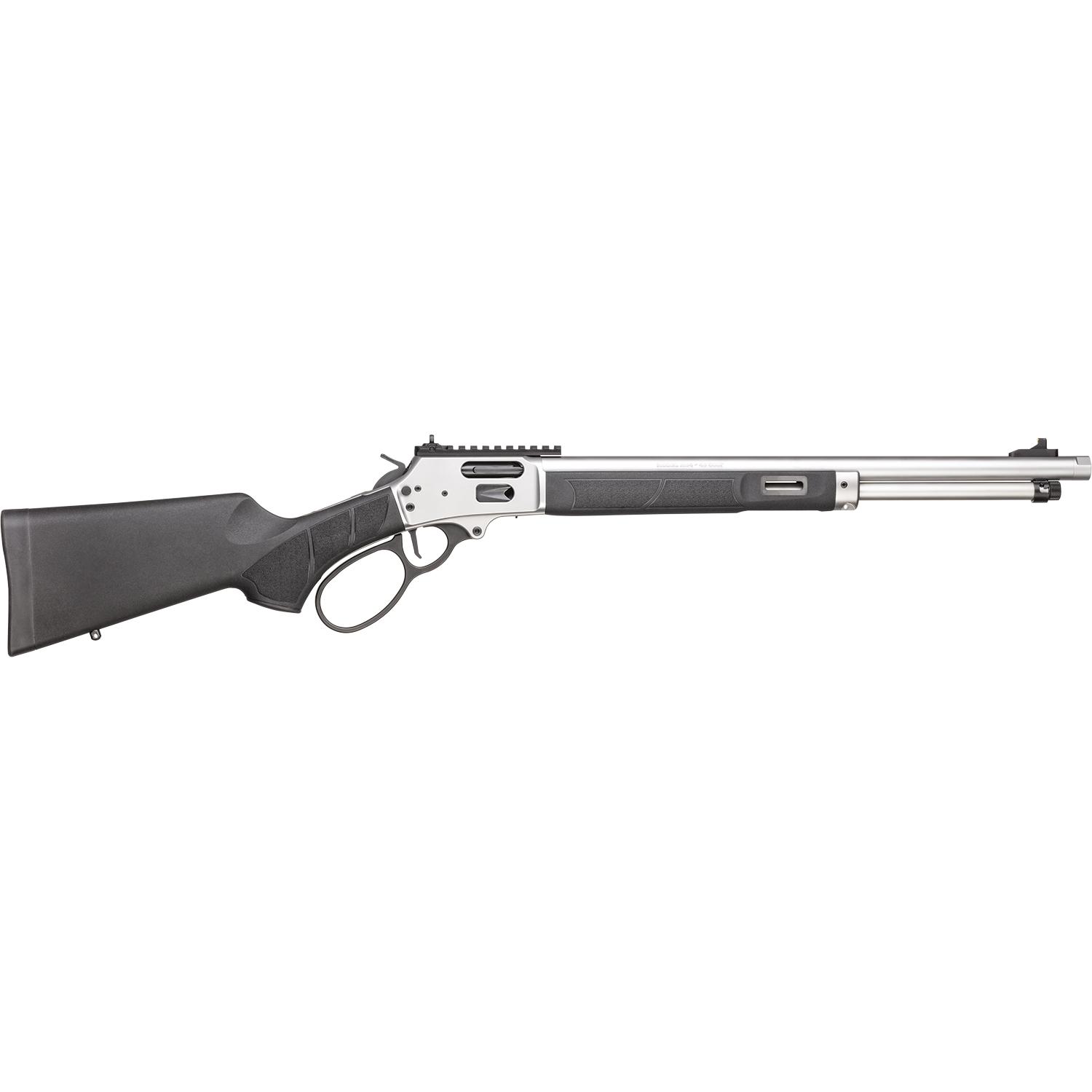 Lever-action rifle with black stock and stainless barrel