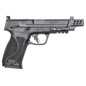 Black handgun on white background.