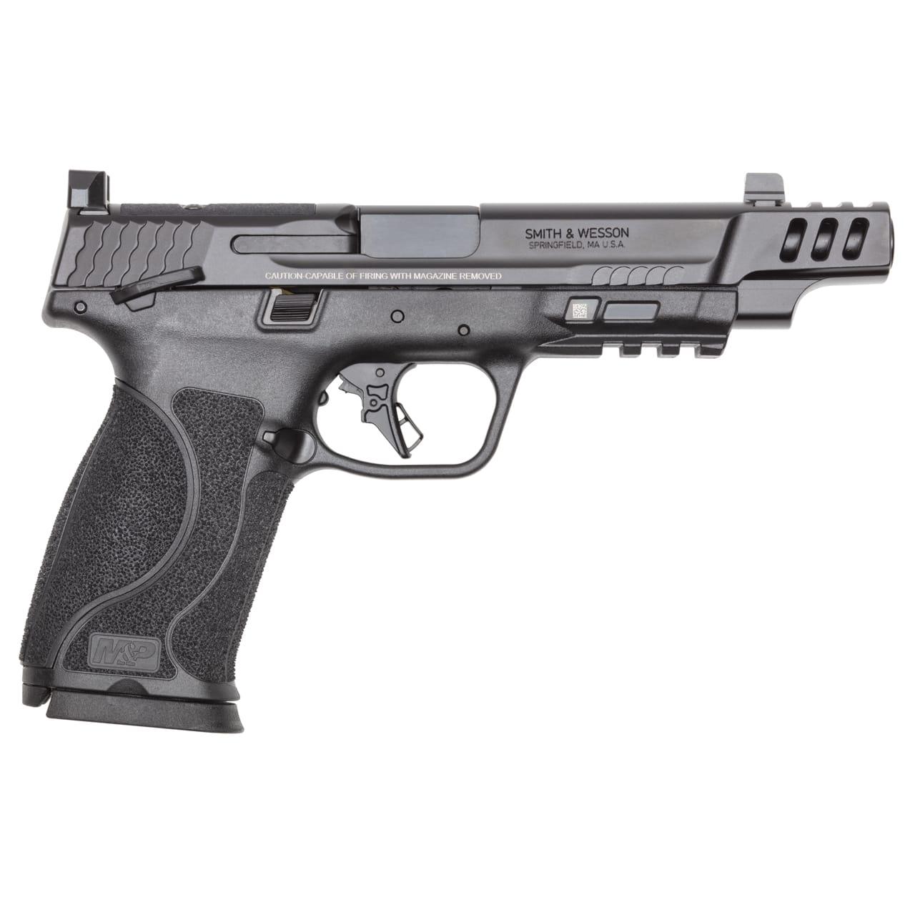 Black handgun on white background.