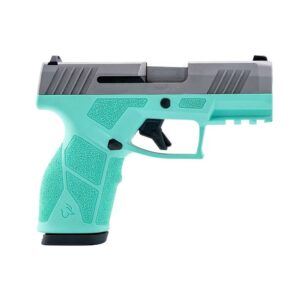 Teal and gray semi-automatic handgun on white background.